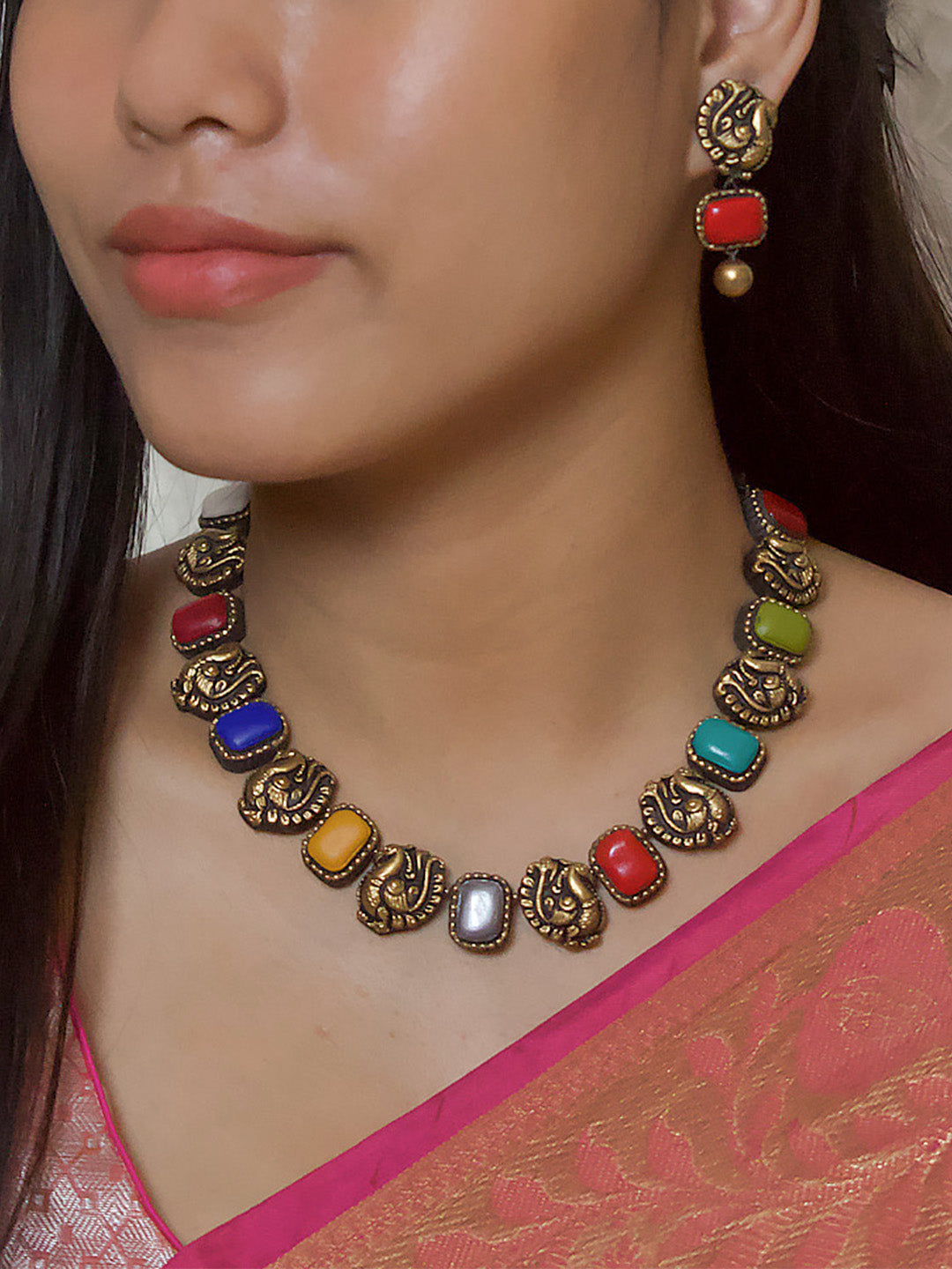 Navratna Design - Auspicious Navratna 9 colors used, Premium Antique Gold Finish, Peacock design, Handmade Terracotta Necklace Set