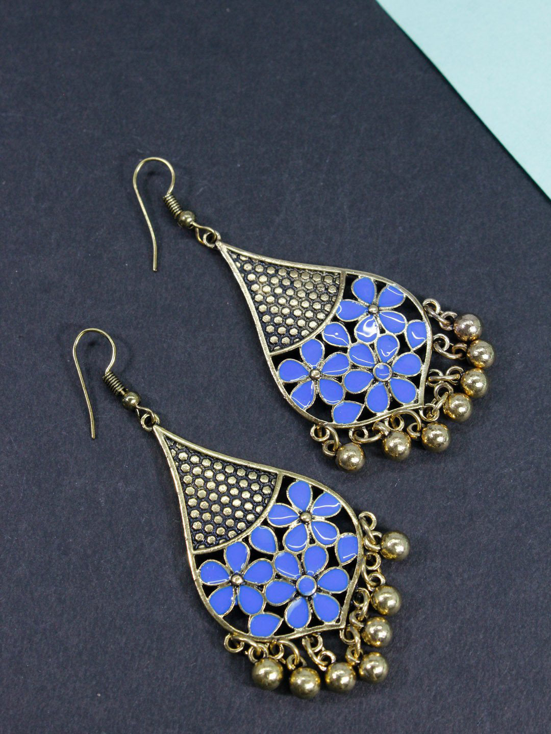 Gold Plated Leaf Design Blue Earring