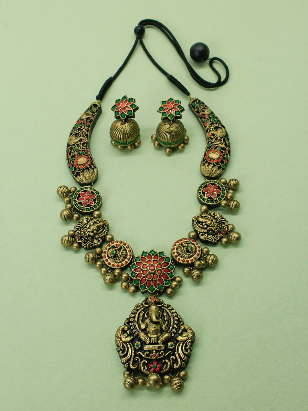 Antique Gold Red Green Orange Ganesha Pendant Design Peacock Design Mandala Art Work Handmade Terracotta Necklace Set