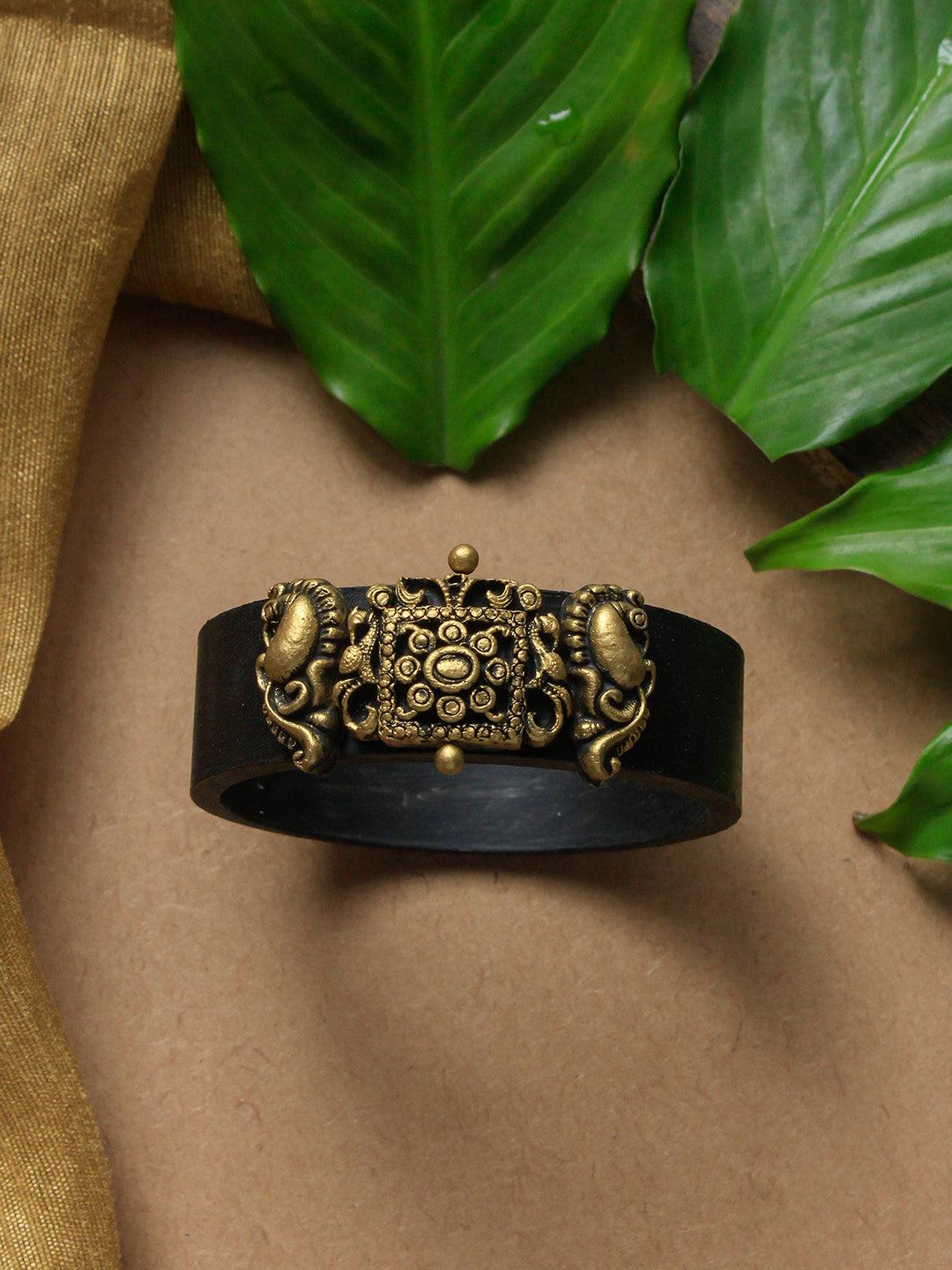 Kanchi Kada — Black Antique Gold Kada Style Peacock Design Handmade Terracotta Bangle