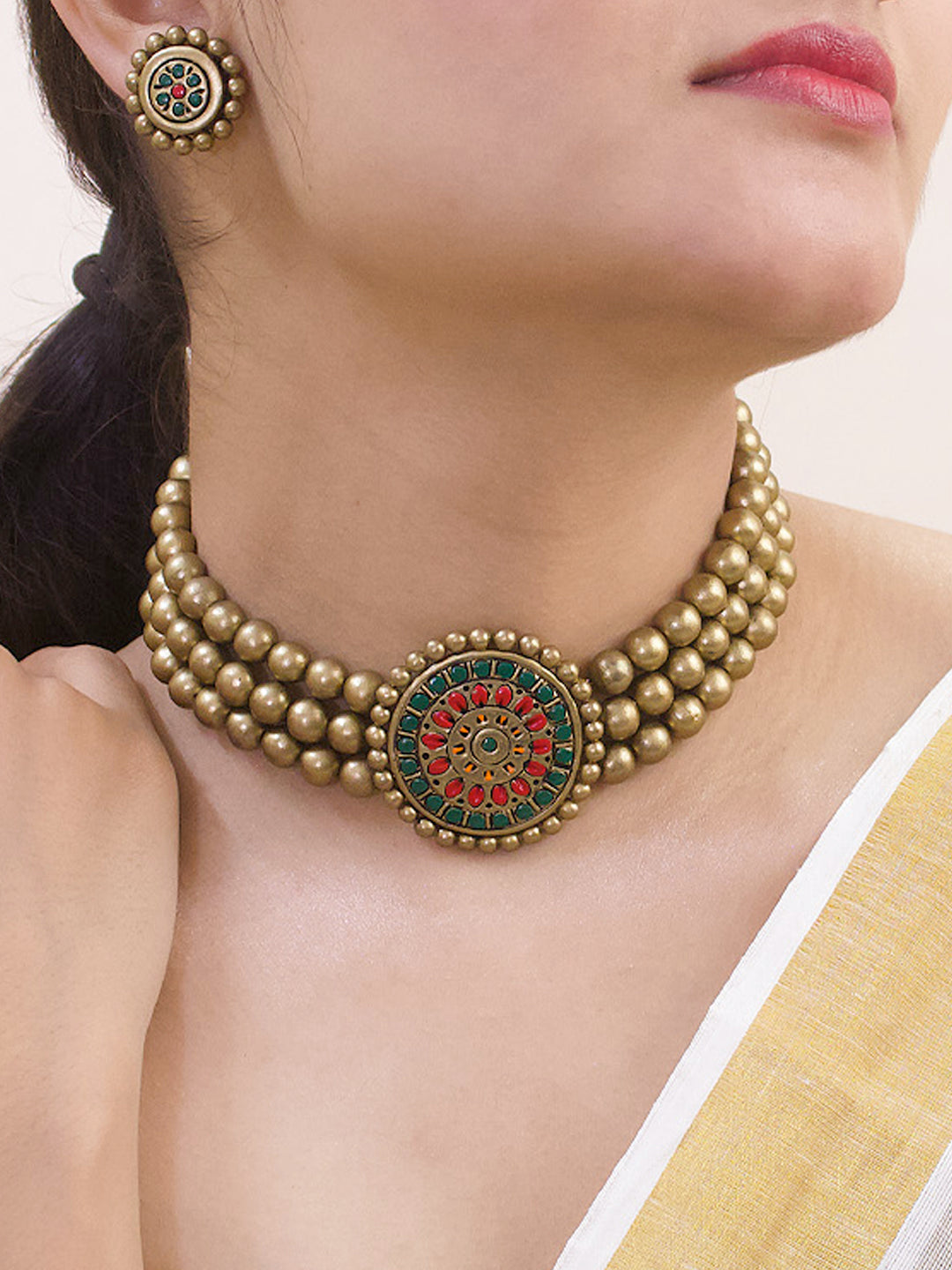 Triloka Pushpa — Designer Handmade Three Layered Circular Shape Floral Design Pendant Antique Gold Color Choker Handmade Terracotta Necklace Set