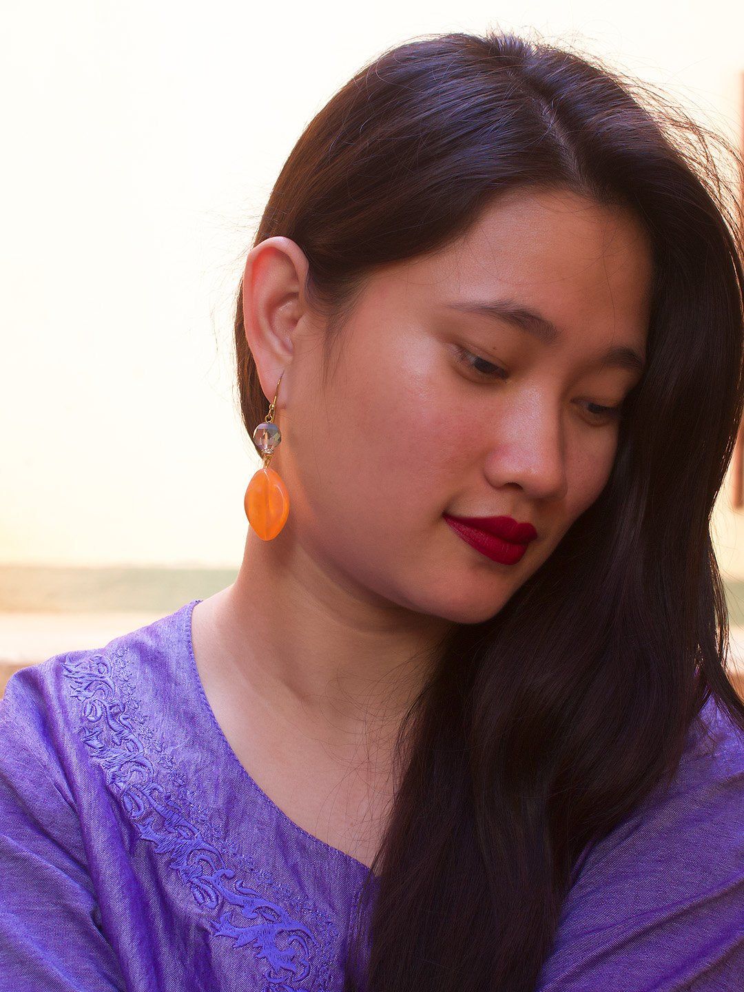 Gold Plated Oval Design Orange Color Artificial Stone Dangler Earring