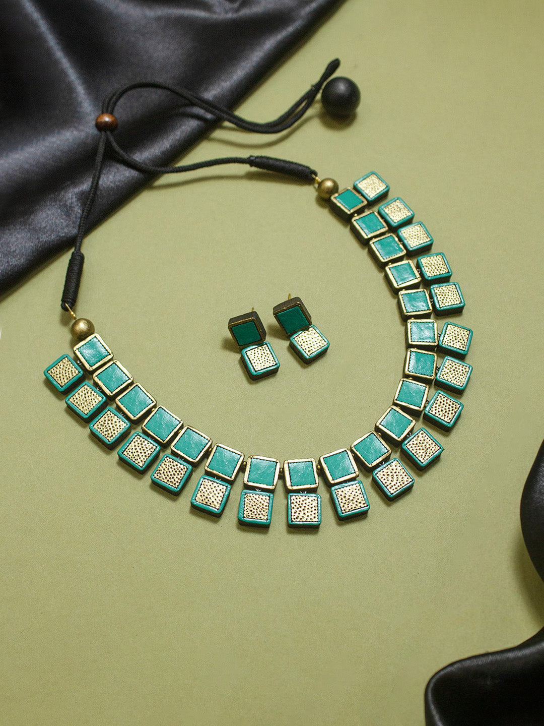 Trendy Geometric Square Box Design Hand Painted Finish Terracotta Jewellery Set in Turquoise Green color
