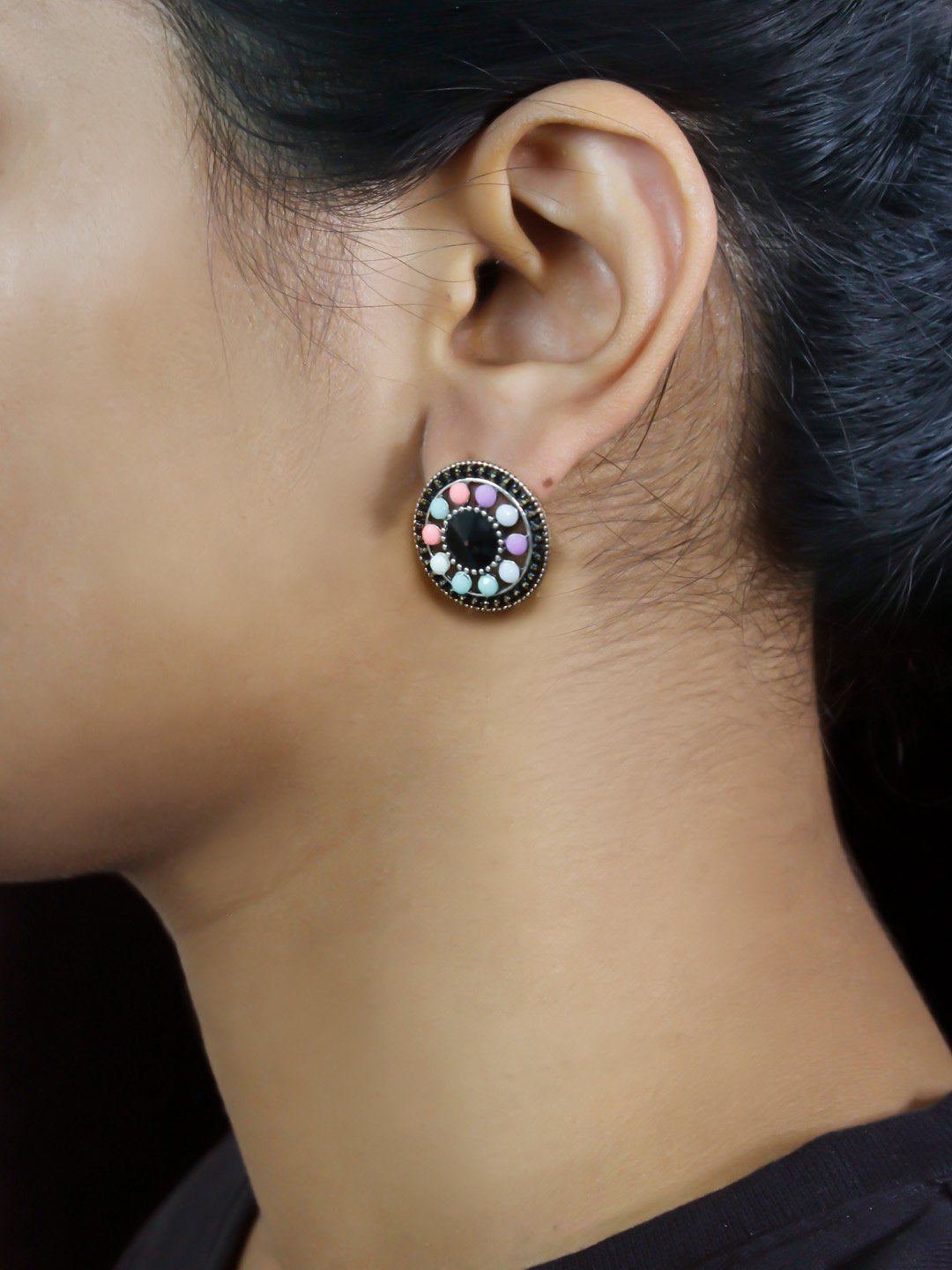 Round Design Black Stud With Stones Earring