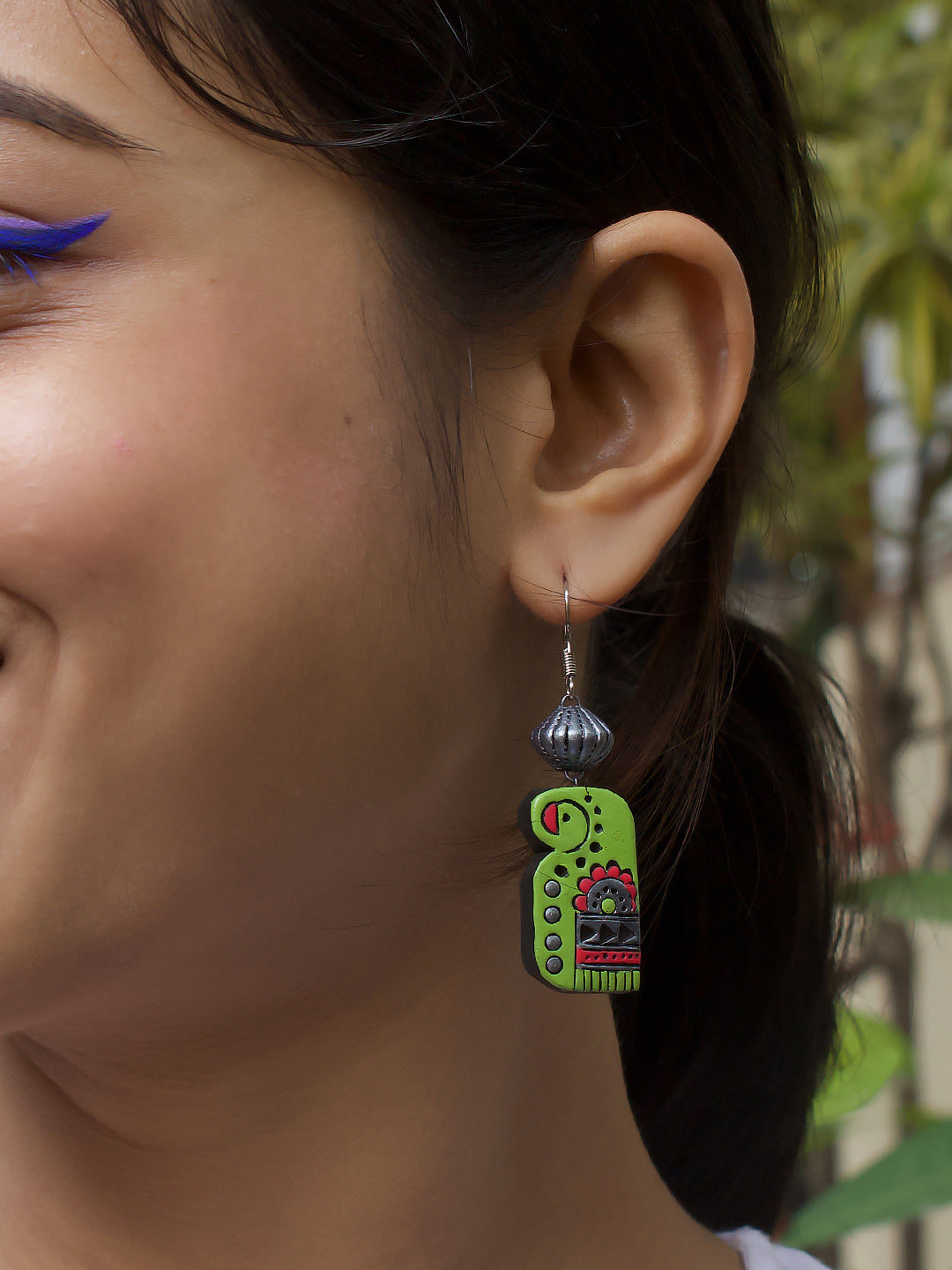 Green Pink Antique Silver Boho Style Parrot Design Art Work Handmade Terracotta Earrings
