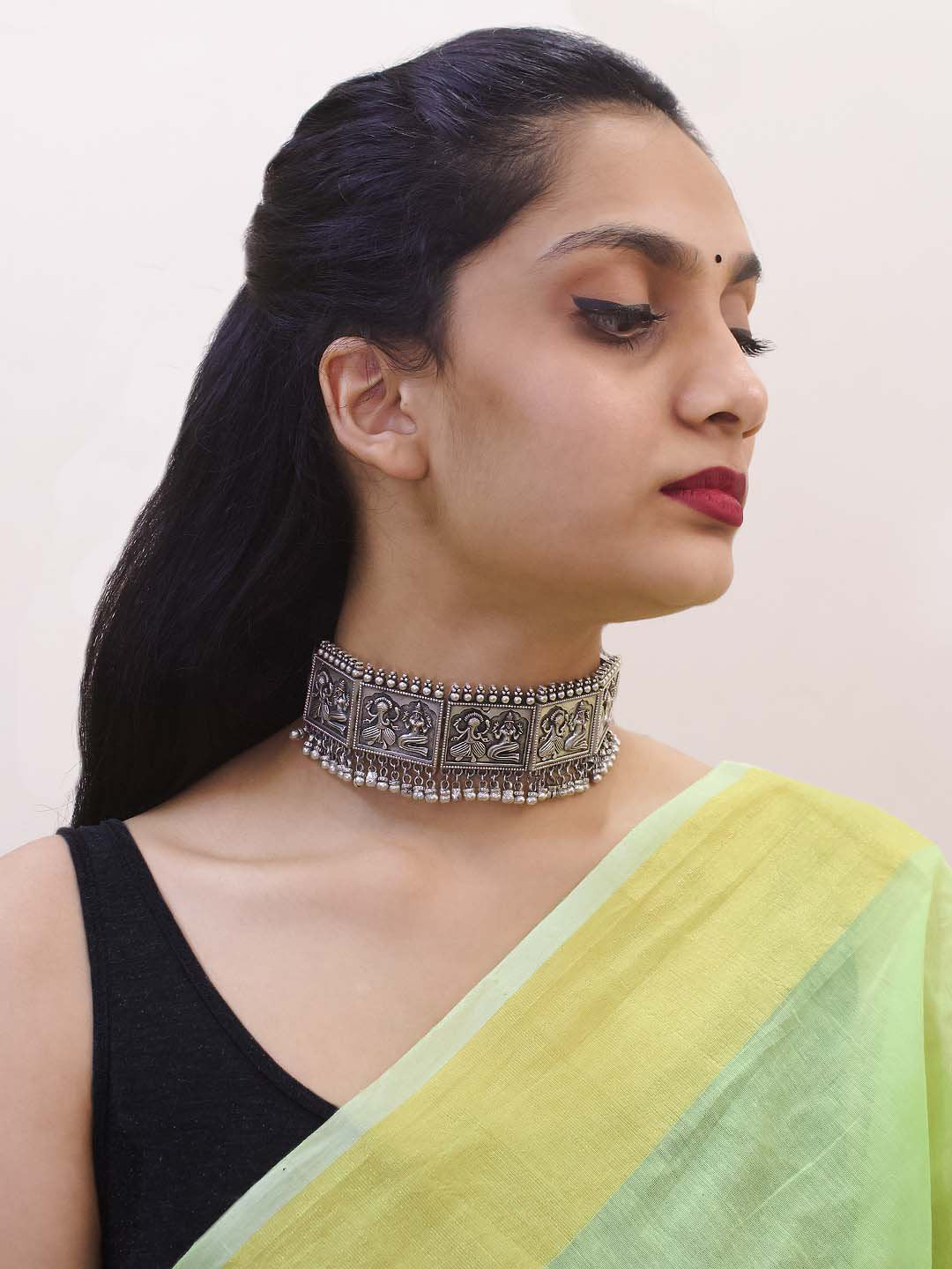 High Quality Antique Silver Plated Ganesha Design And Matsya Avatar With Hanging Ghungroo Replica Choker Necklace