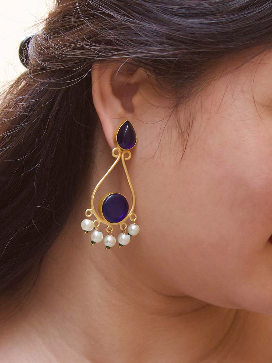 Avismaya Gold Plated Teardrop Design Navy Blue Color Semiprecious Monalisa Stone With Hanging White Pearls Dangler Earring