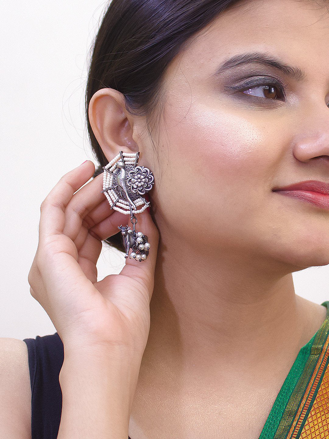 Silver Plated Cow Design With Hanging White Color Pearl Dangler Earring