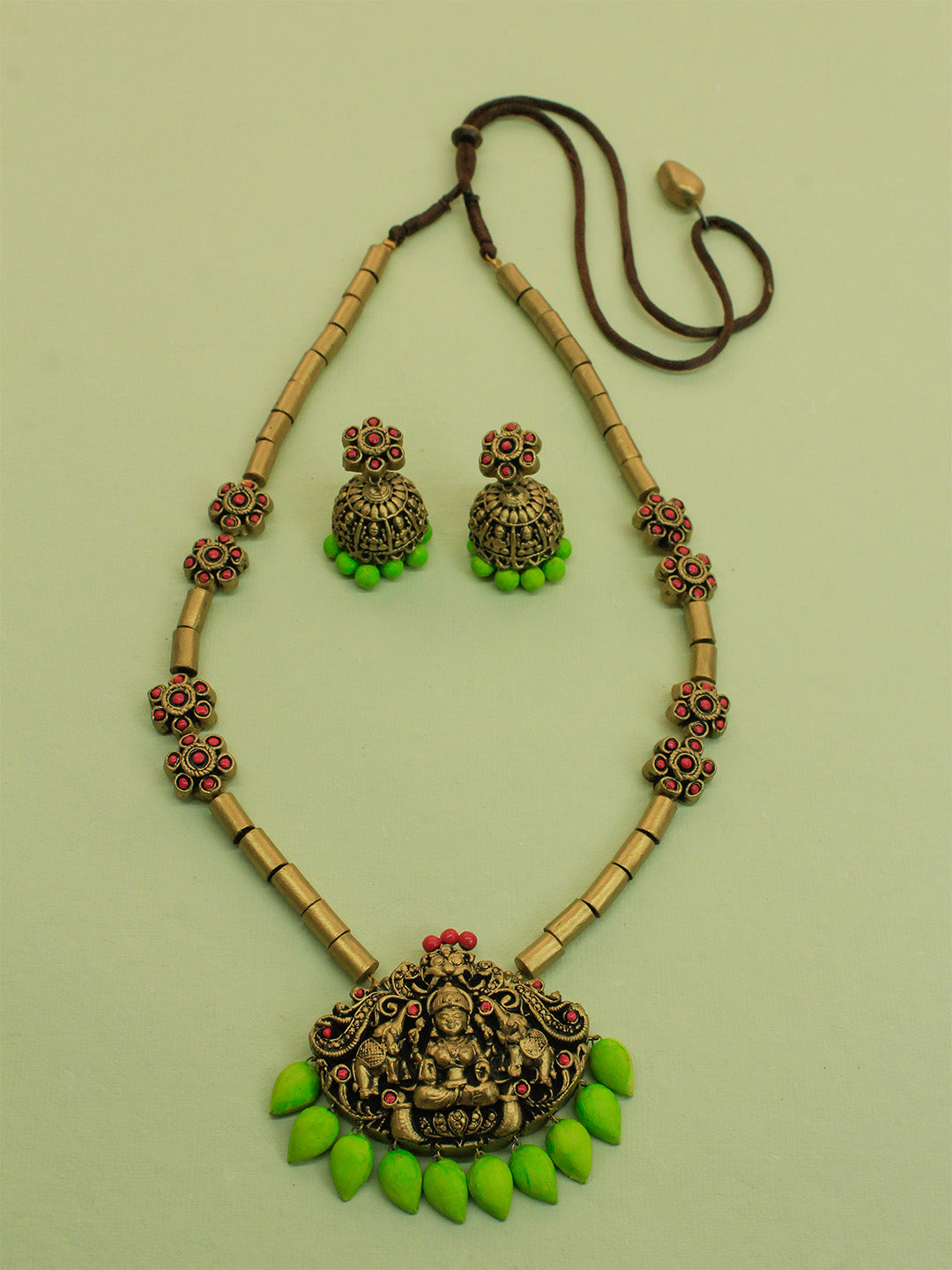 Antique Gold Pink Green Lakshmi Temple Design Tube Pattern Handmade Terracotta Necklace Set