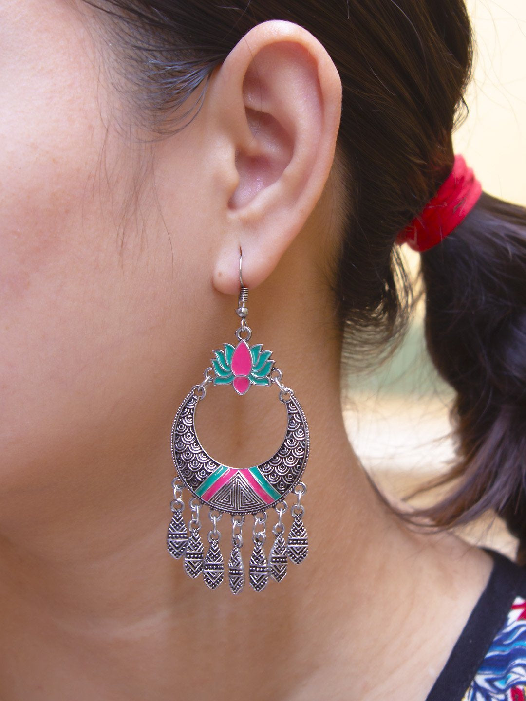 Silver Plated Lotus Design Blue And Pink Color Enamel Paint Dangler Earring