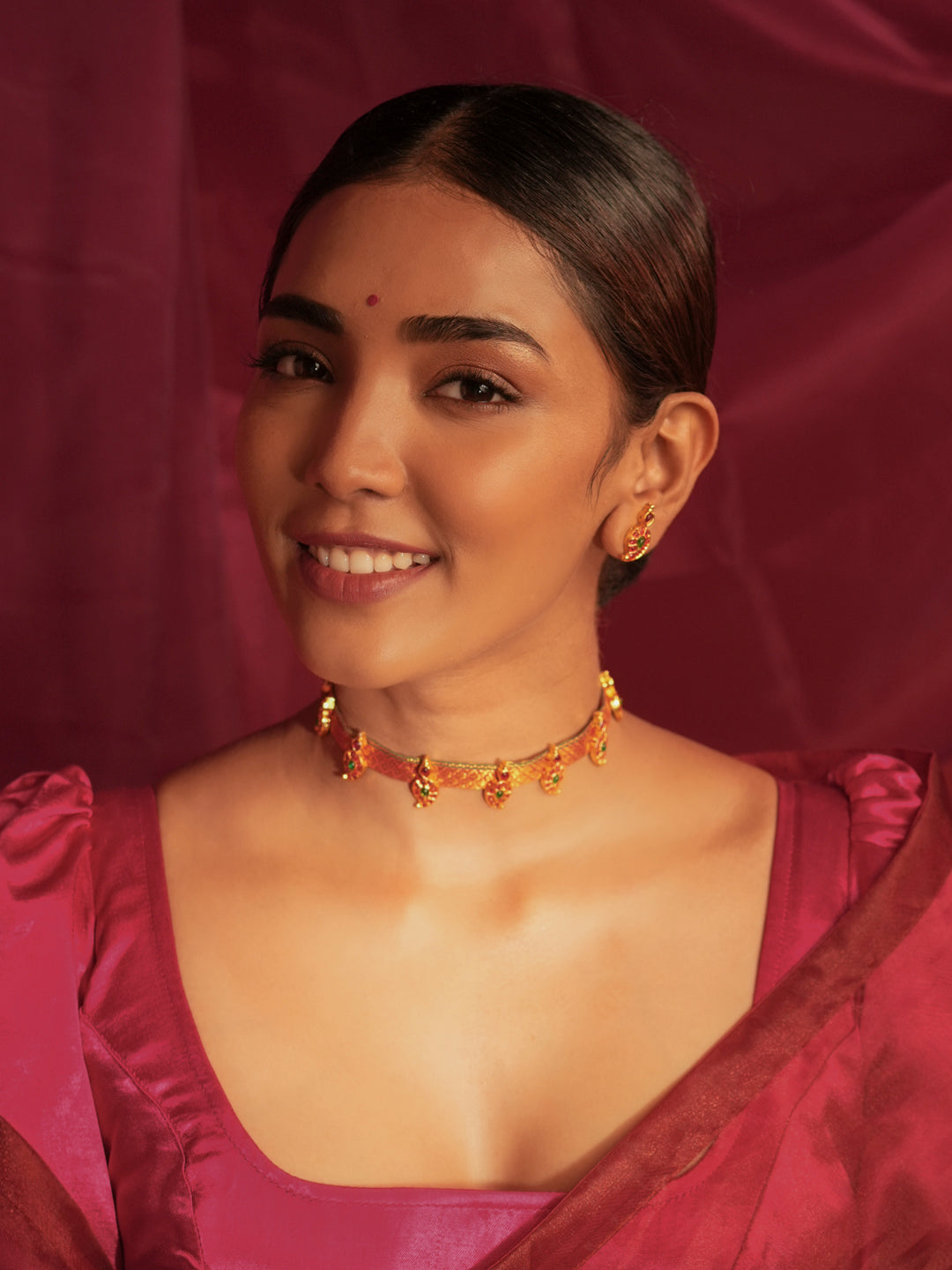 Zarvelin — Gold Tone Orange Zari Temple Choker Necklace Set