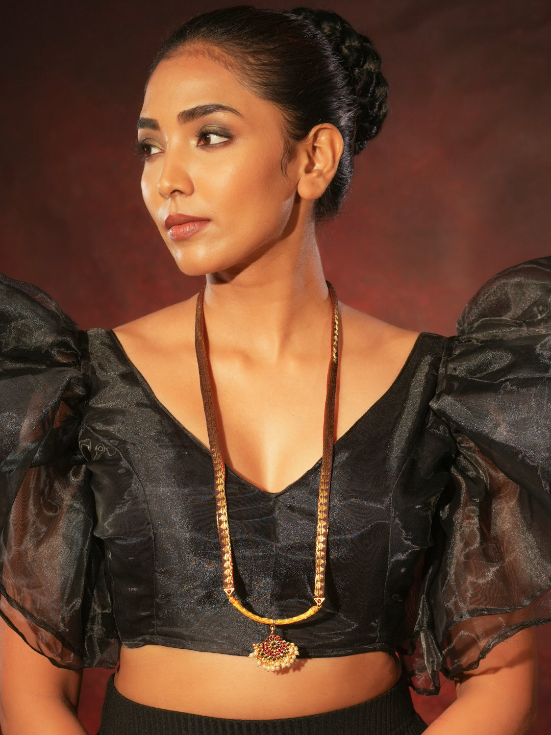 Zariam — Gold Tone Temple Necklace Zari floral pendant haaram brown