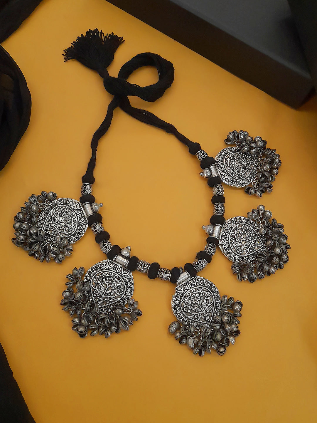 German Silver Ghungroo Floral Pendant Motif Necklace