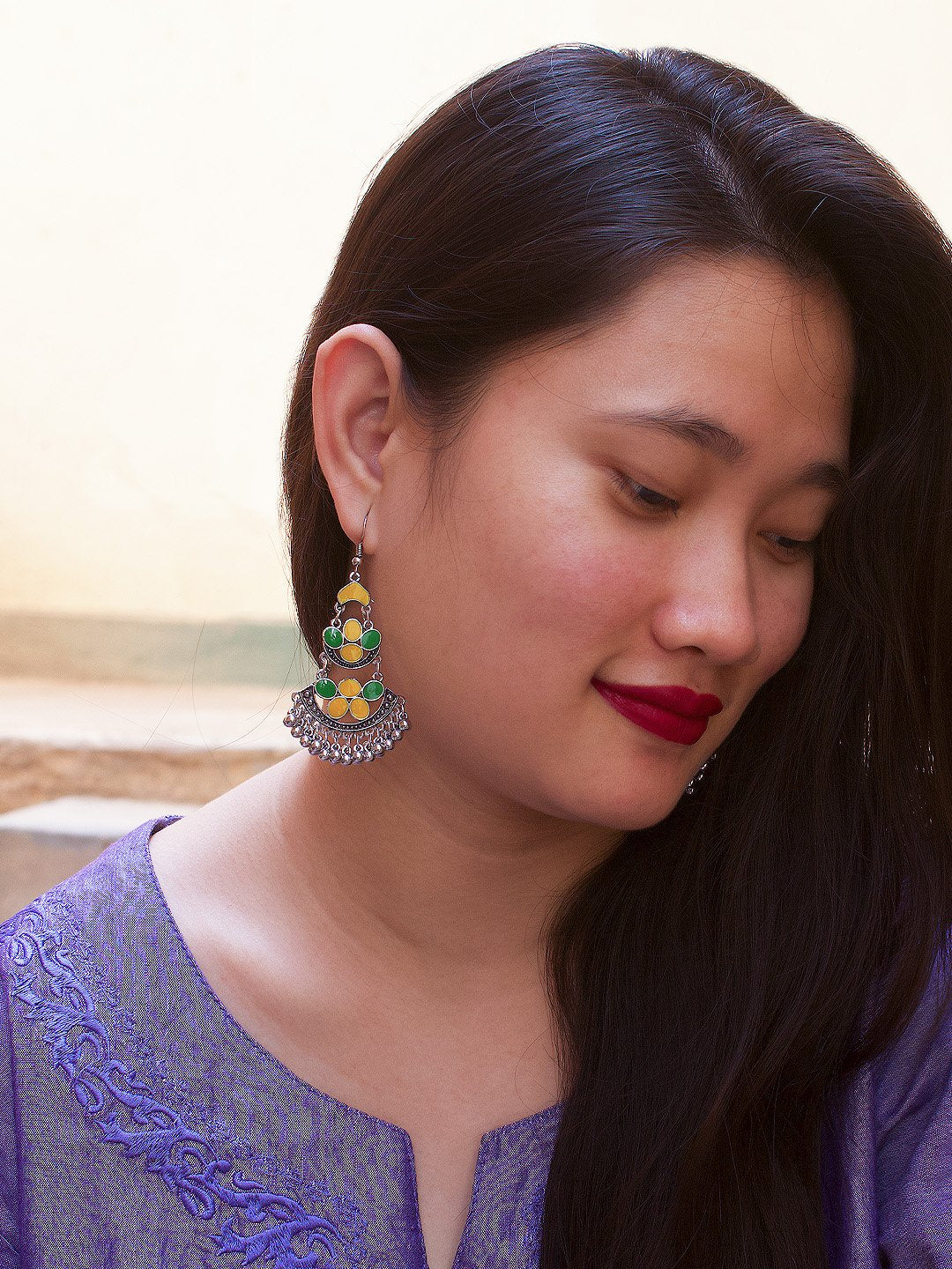 Floral Design Yellow and Green Dangler Afghani Earring