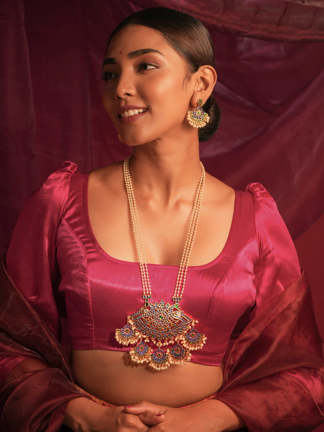 Gold Tone Temple Necklace Set- Pearl Haaram Blue