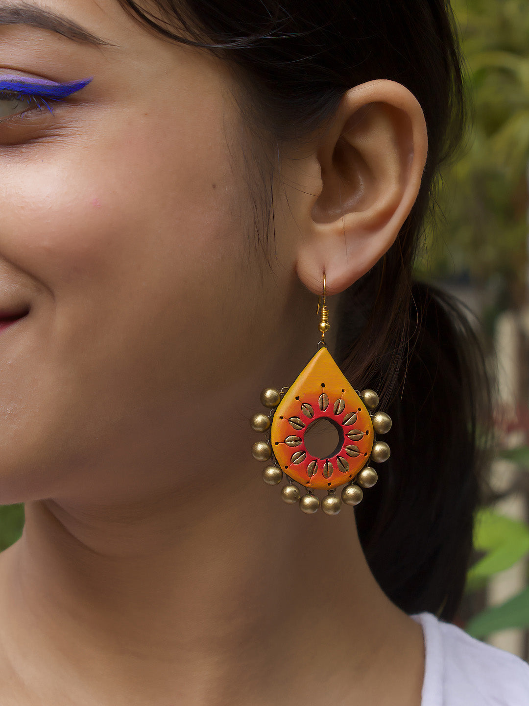 Antique Gold Yellow Pink Pear Shape Handmade Terracotta Dangler Earrings