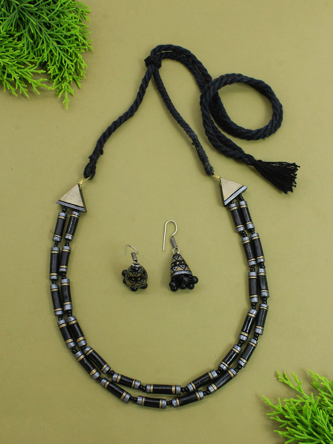 Cylindrical Tube Design 2 Layered Black Silver Antique Bronze Handmade Terracotta Necklace Set
