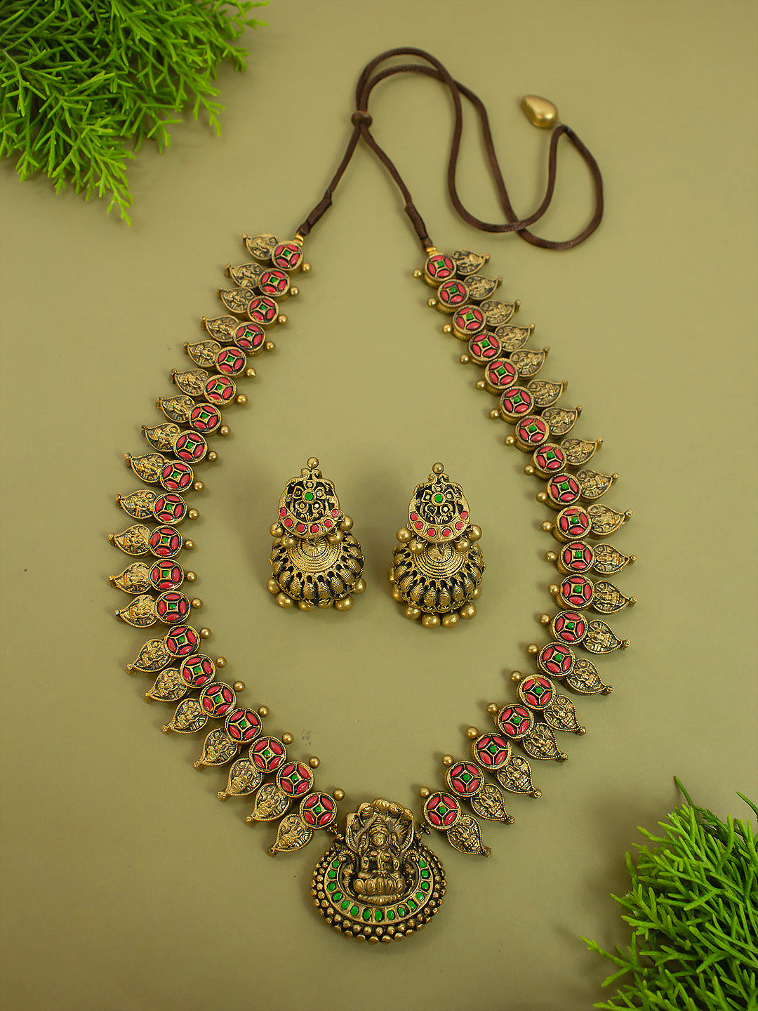 Antique Gold Pink Green Lakshmi and Mango Design Handmade Terracotta Necklace Set