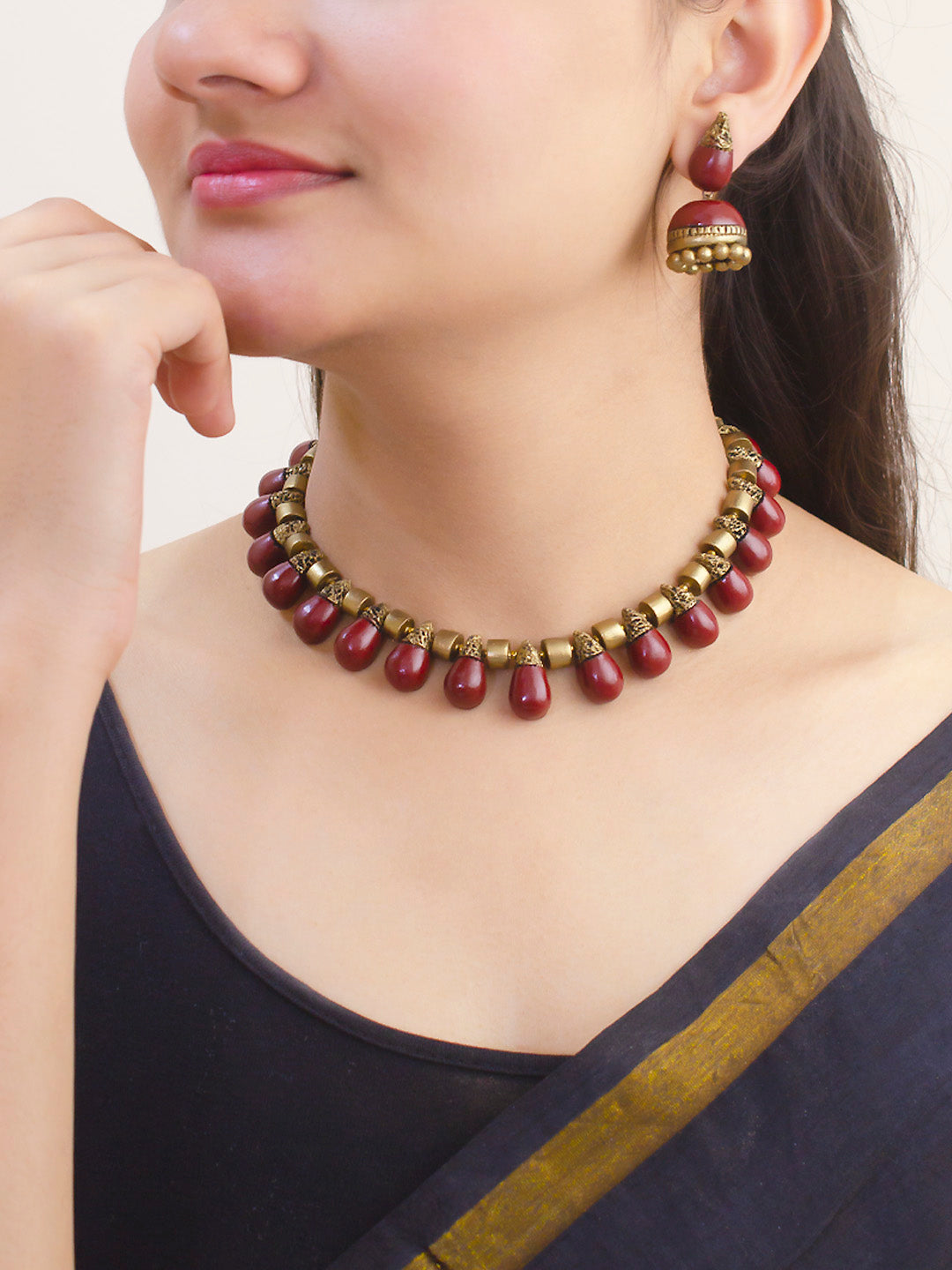 Kanmani - Tear Drop Design Handmade Terracotta Maroon Colour Choker Necklace Set