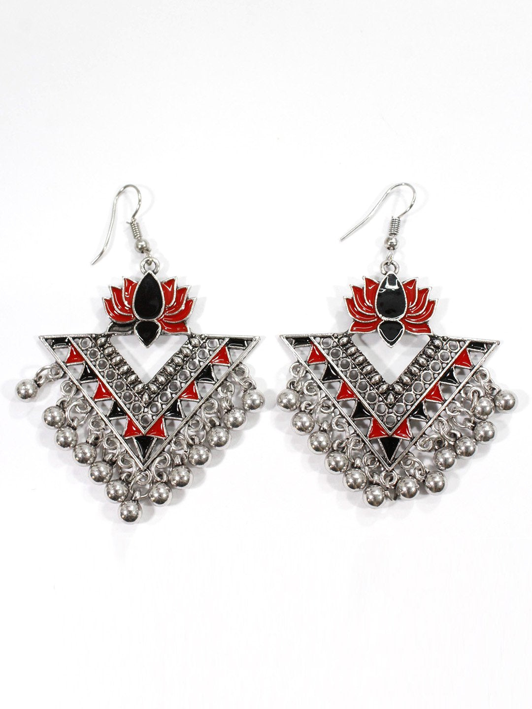 Silver Plated Red & Black Color Lotus Design Afghani Earring