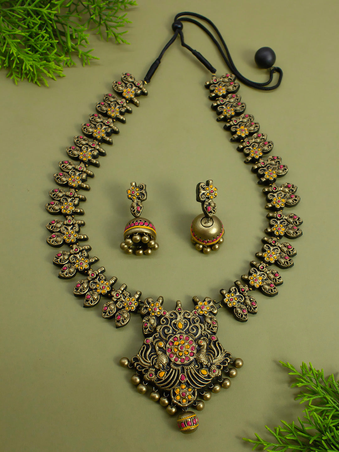 Antique Peacock and Floral Design Bridal Traditional Handmade Terracotta Necklace Set in Antique Gold Pink Yellow