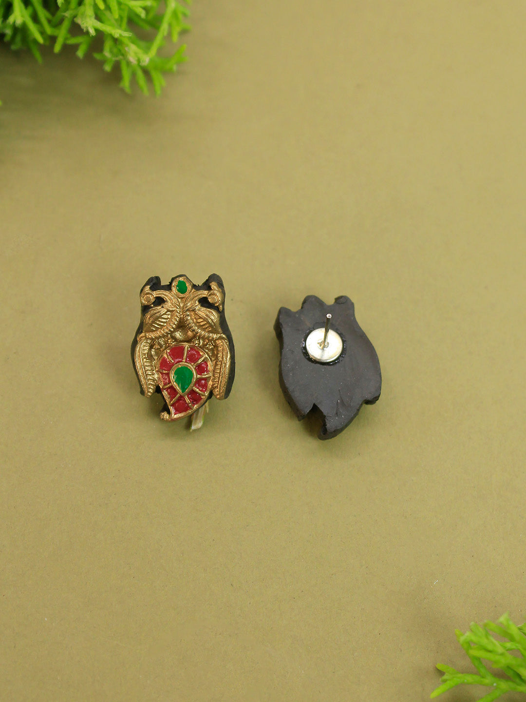 Mango Peacock Design Antique Gold Red Green Handmade Terracotta Necklace Set