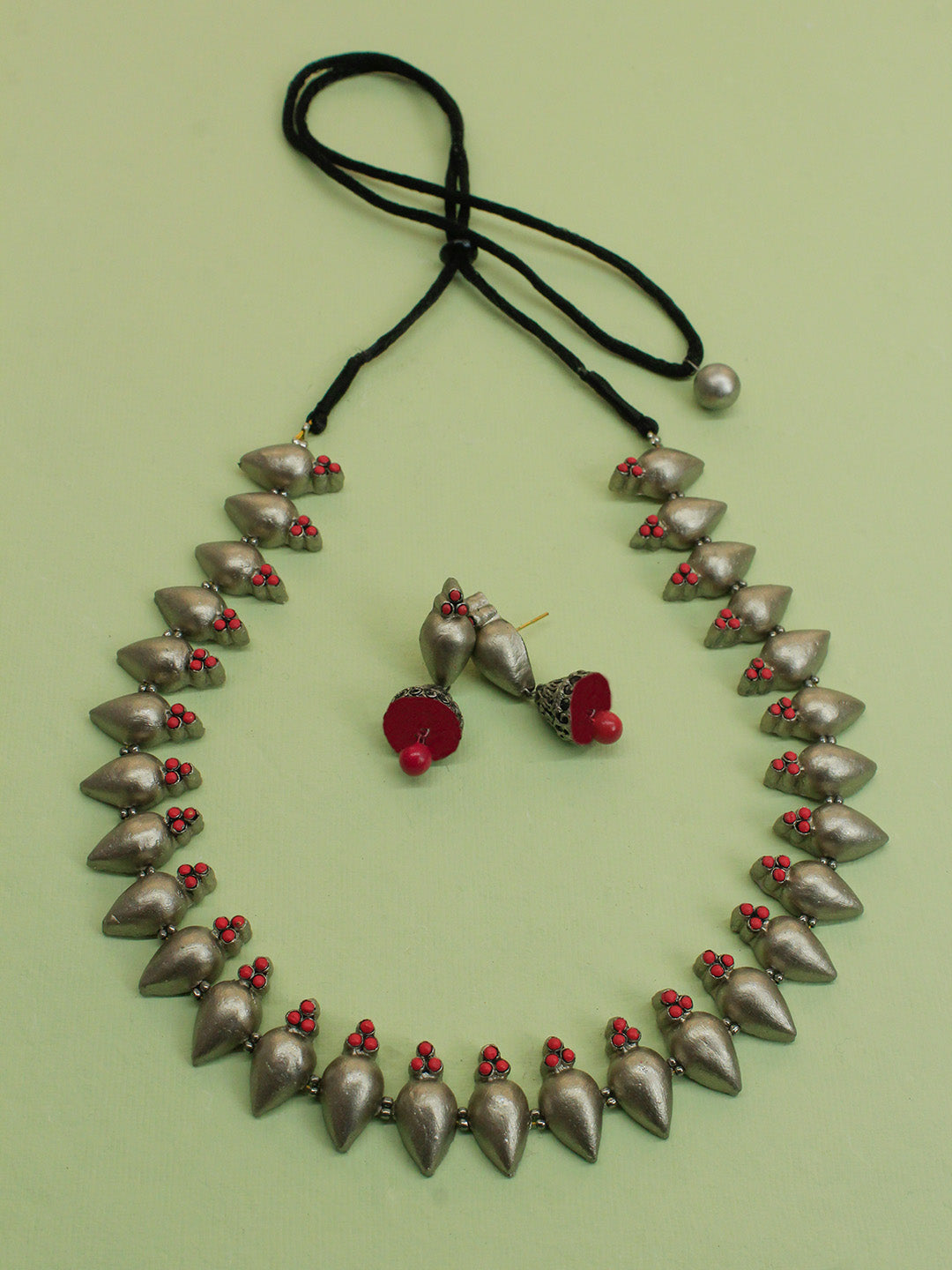 Pear shape Antique Silver Pink Minimalistic Handmade Terracotta Necklace Set