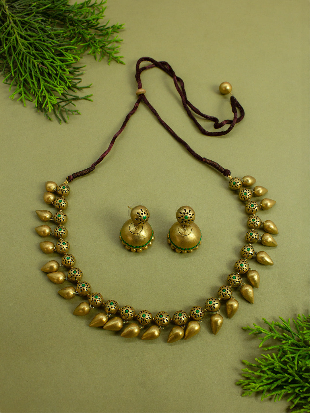 Antique Gold Toned Circular Shape Motifs With Hanging Beads Terracotta Choker Necklace Set