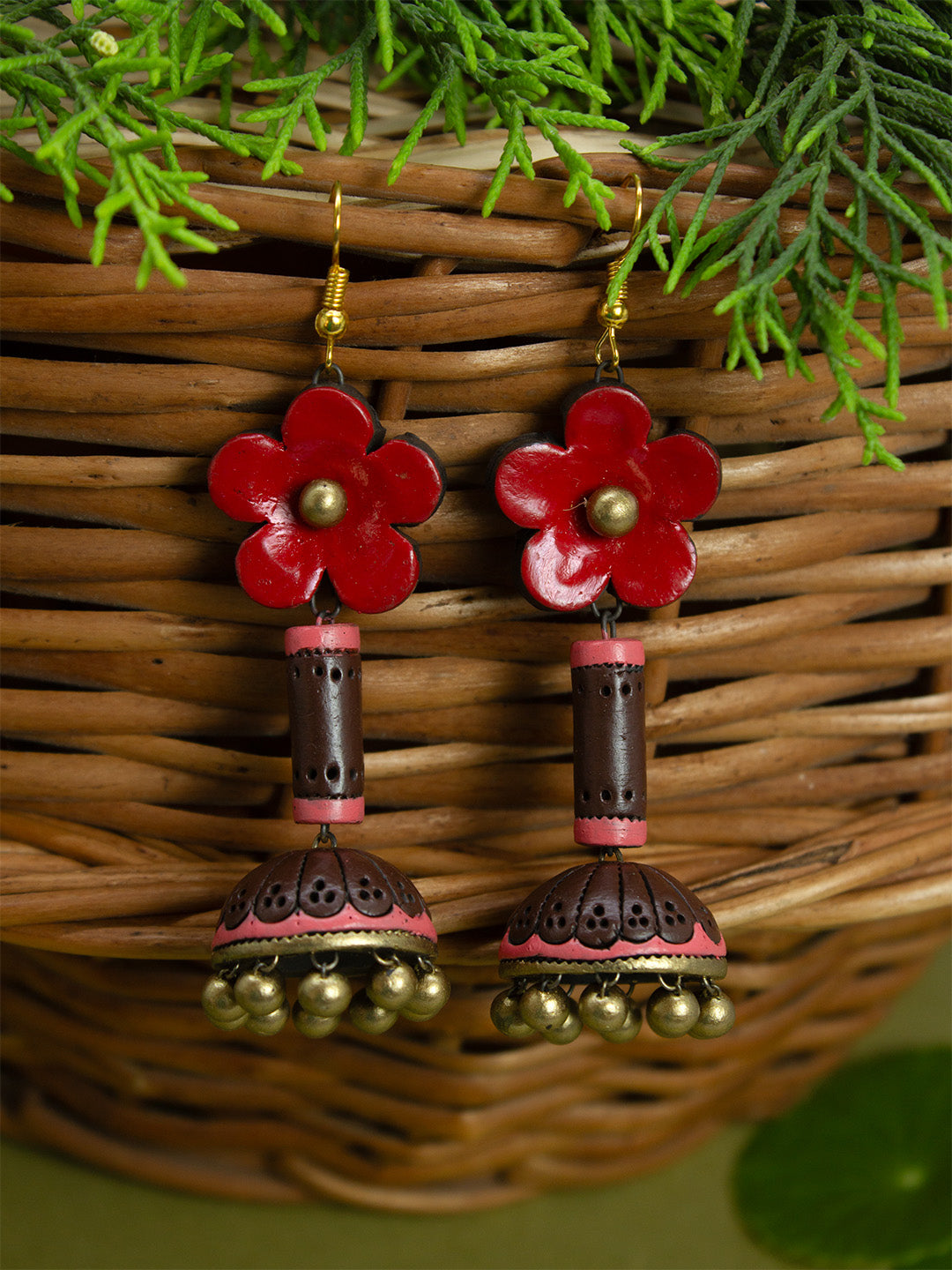 Handmade Terracotta Stud Jhumka Earrings in Antique Gold Red Brown