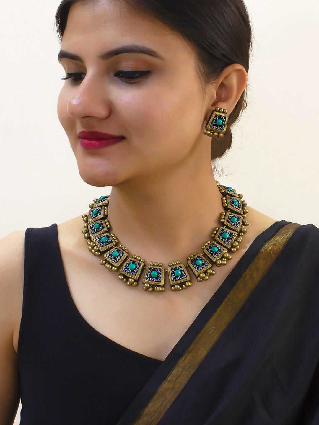 Flower Design Hand Painted Finish Terracotta Jewellery Set