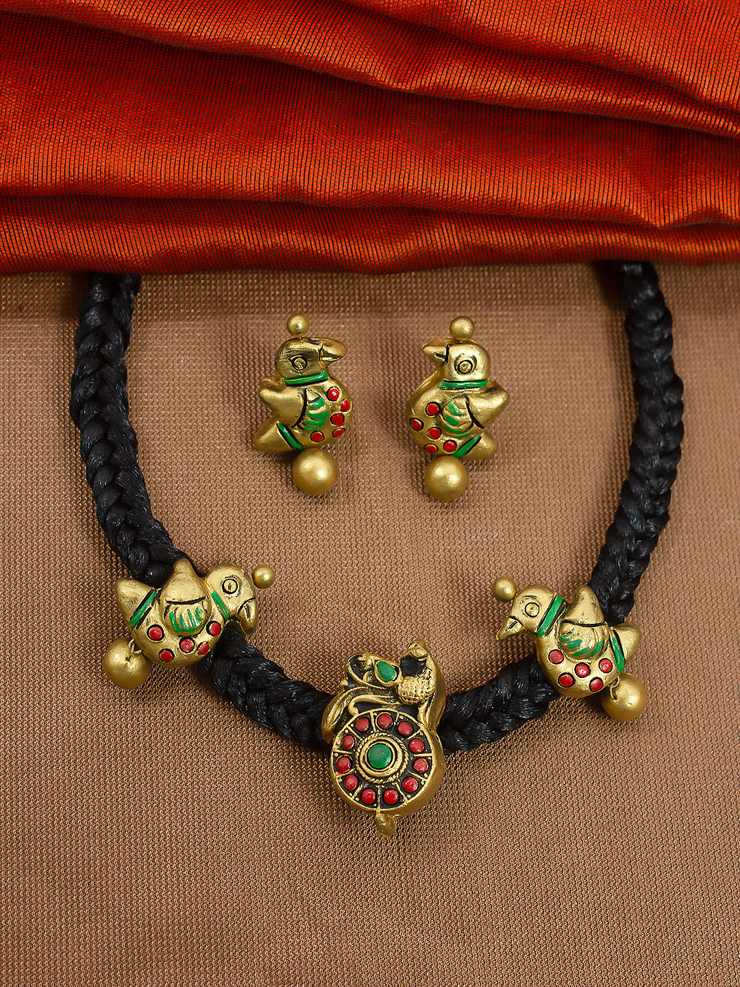 Braided Rope Quirky Bird Design Choker Antique Gold Red Green Handmade Terracotta Necklace Set