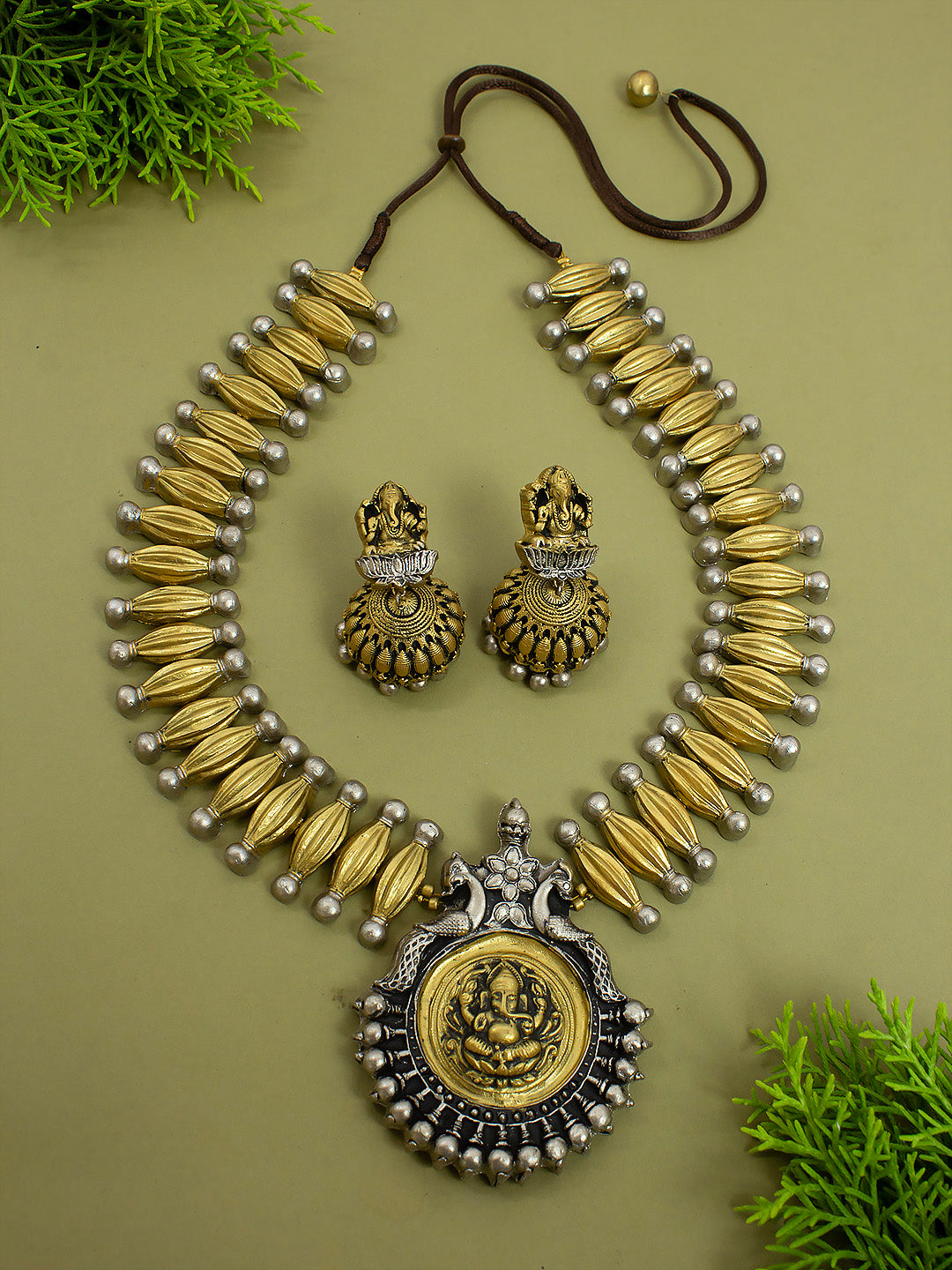 Antique Gold Silver Ganesha and Peacock Design Handmade Terracotta Necklace Set