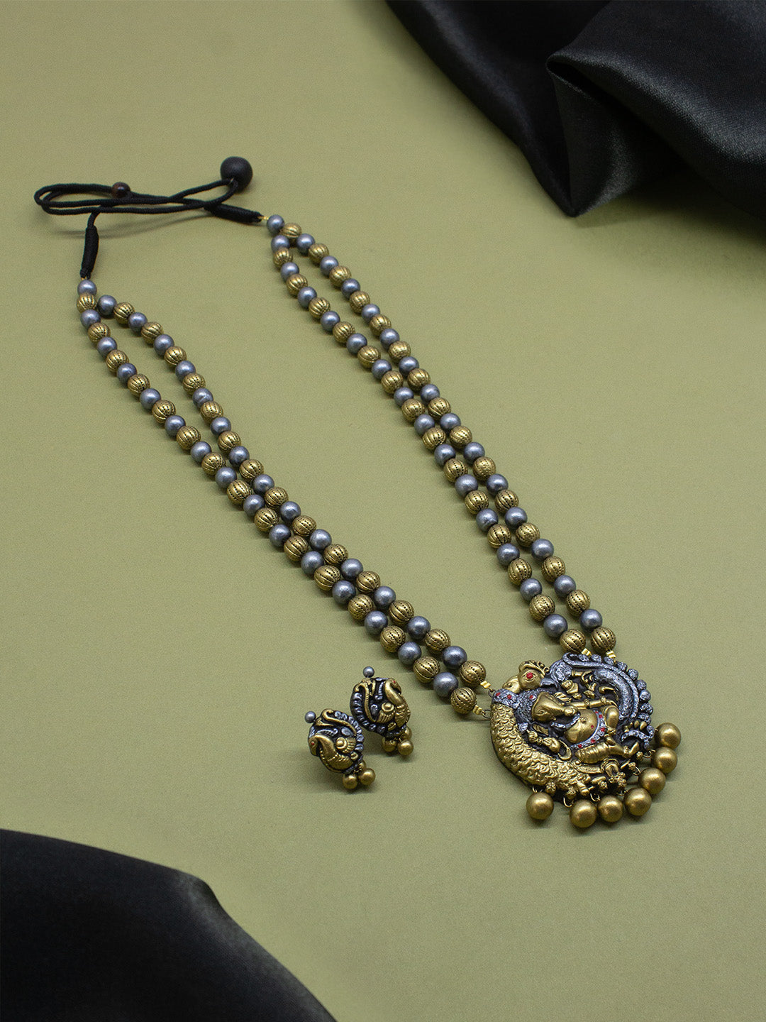 Antique Gold Ganesha Design Long Temple Handmade Terracotta Necklace Set