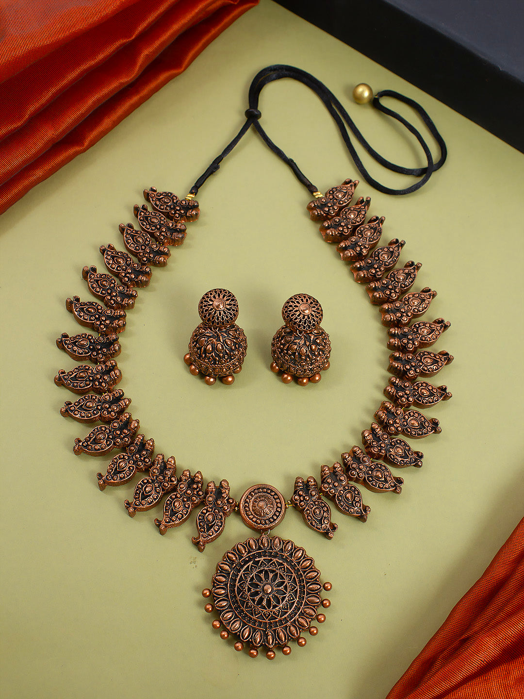 Antique Copper Colour Mango Design Handmade Terracotta Necklace Set