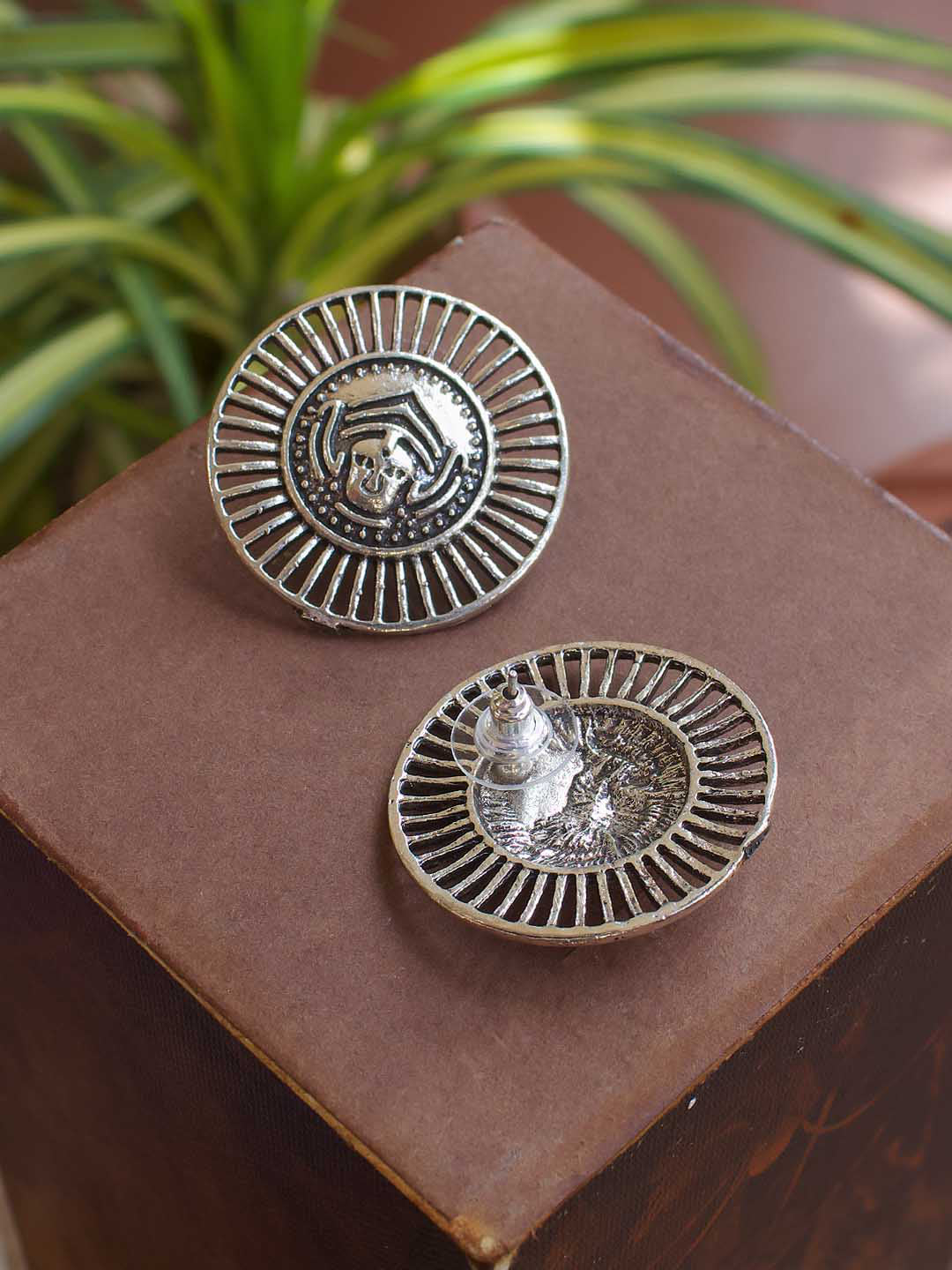 Silver Plated Durgamma Design Stud Earring