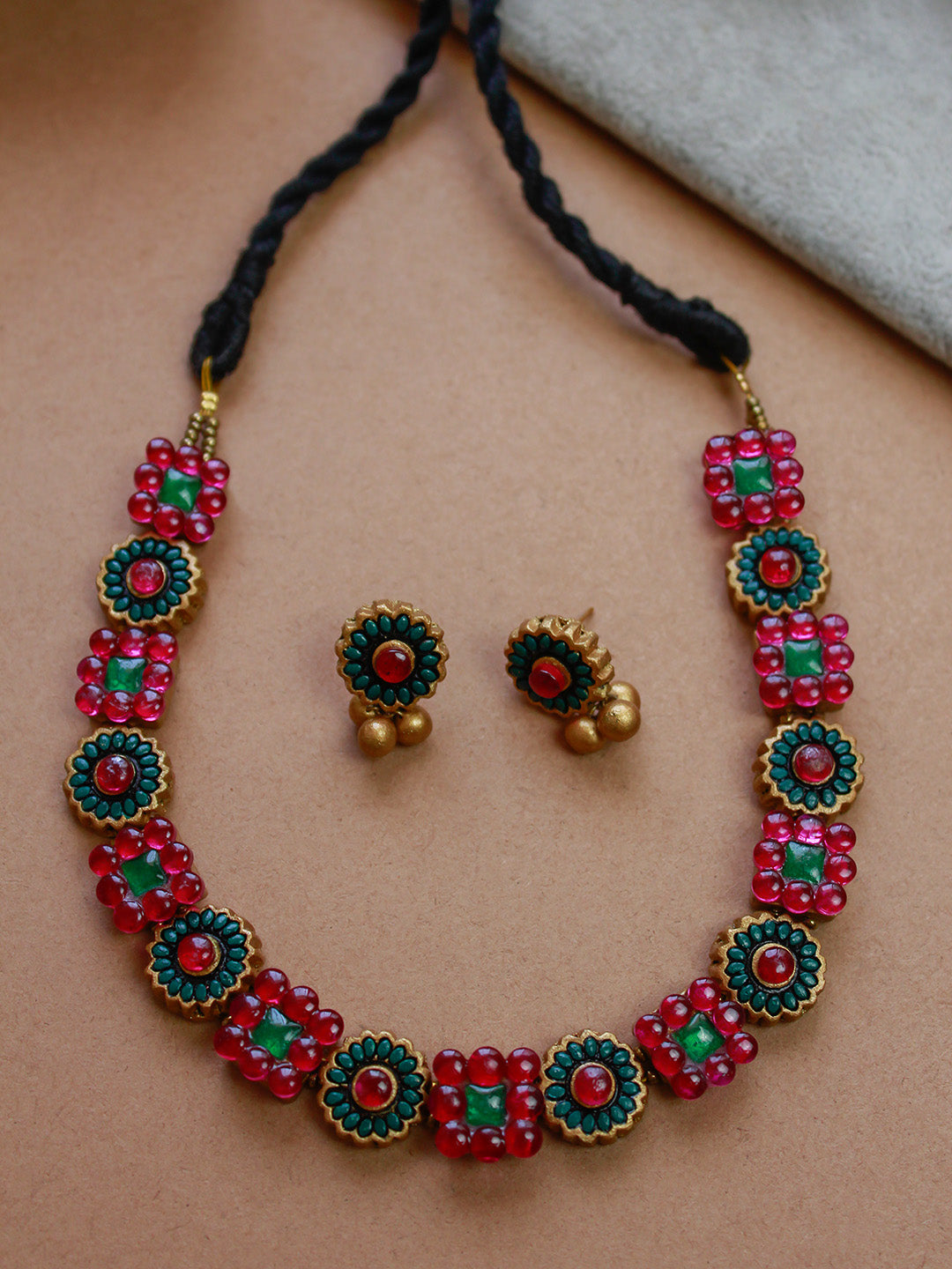 Flower Design Hand Painted Finish Terracotta Jewellery Set