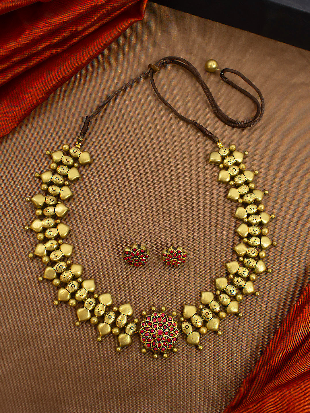Jadau Pattern Antique Gold Choker Mandala Pendant Antique Gold Pink Handmade Terracotta Necklace Set