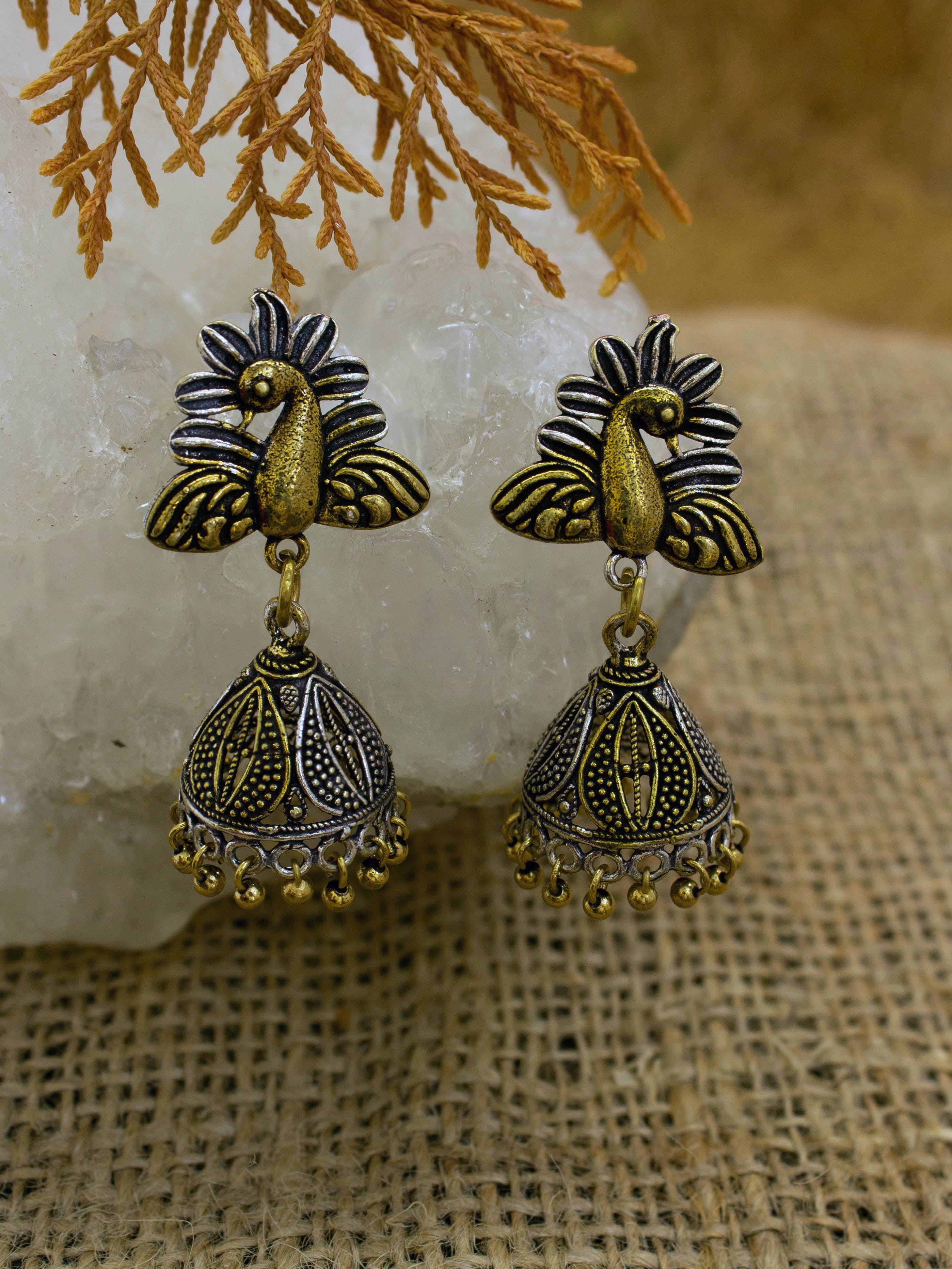 German Silver Dual Plated Peacock Design Jhumka Earring