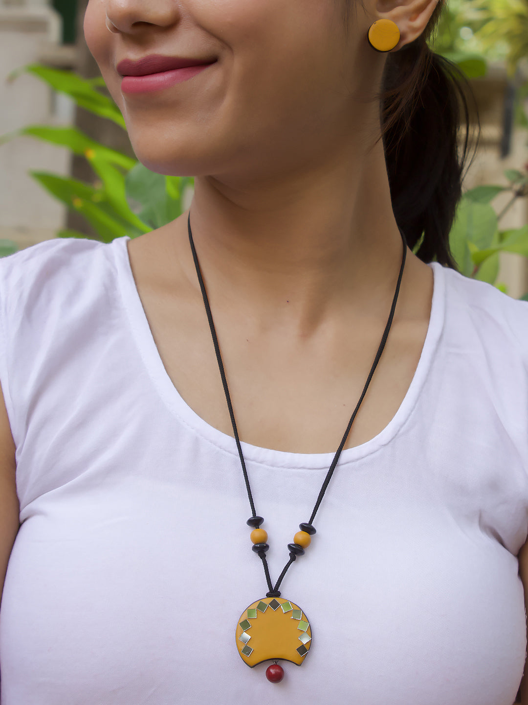 Yellow Crescent Moon Shape Mirror Design Work Minimalistic Handmade Terracotta Necklace Set
