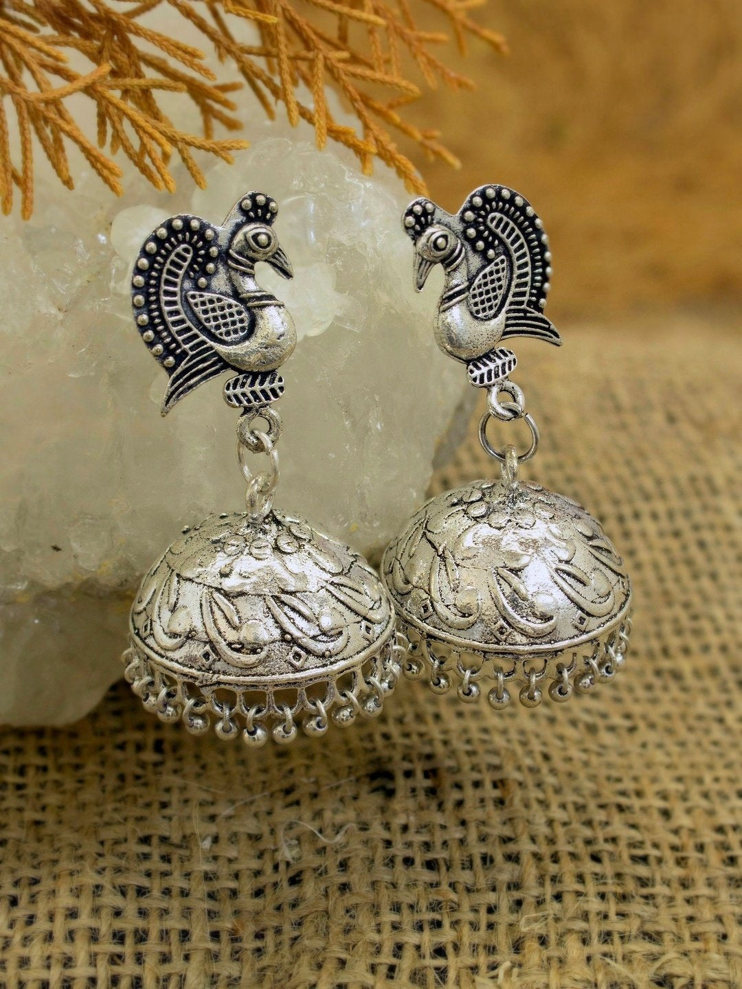 German Silver Peacock Design Jhumka Earring
