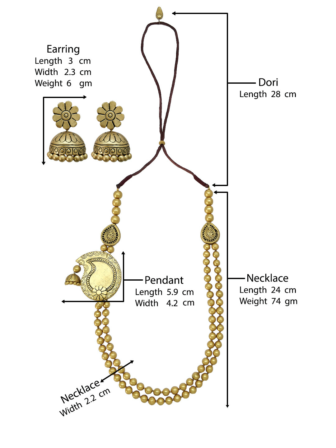 Antique Gold Toned Two Layered Beads With Mango Design Side Pendant Medium Terracotta Necklace Set