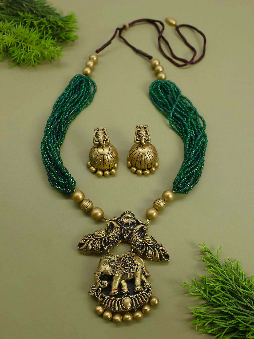 Elephant Peacock Pendant Design Acrylic Green Beads Cluster Handmade Terracotta Necklace Set