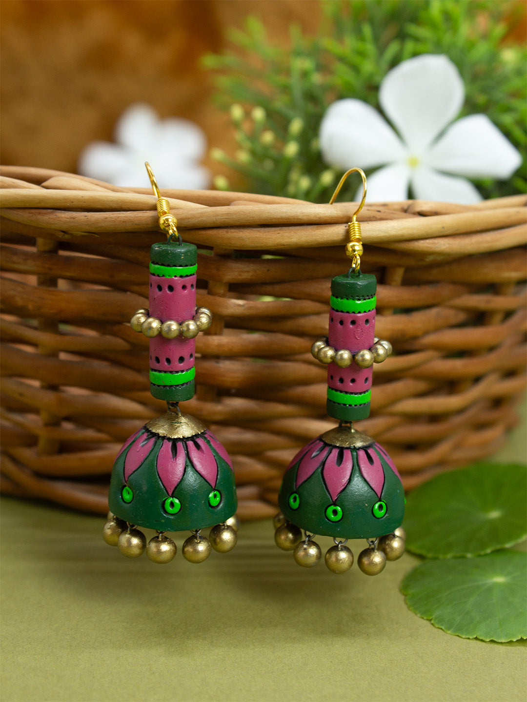 Bohemian Style Gold Rose and Green Colour Handmade Terracotta Jhumka Earrings