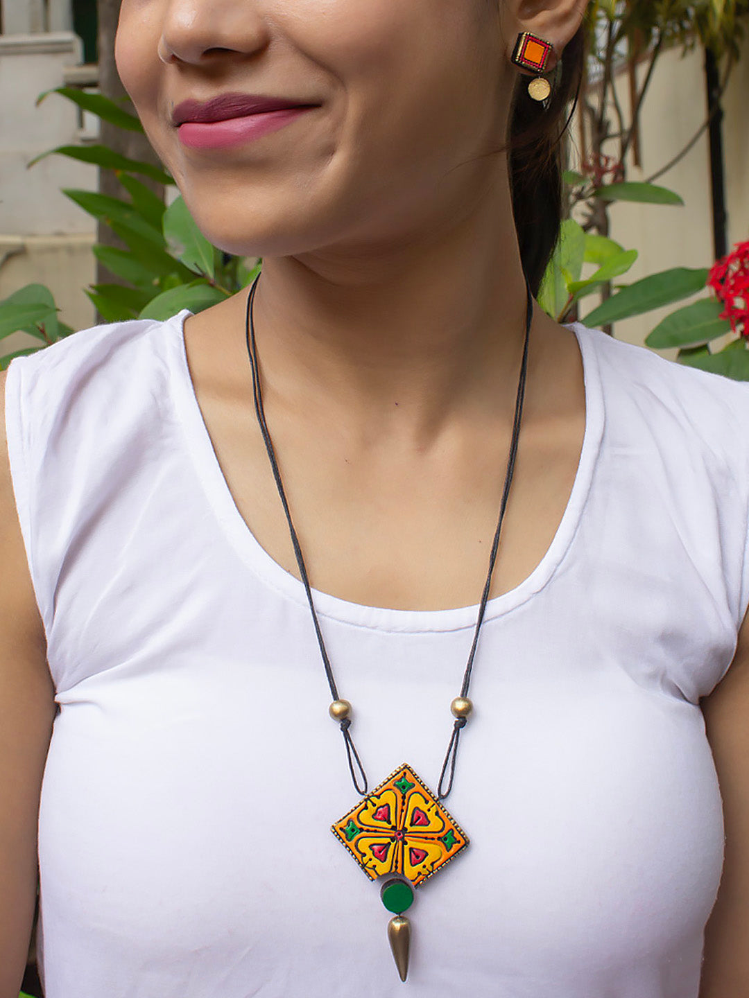 Rhombus Shape Yellow Orange Pink Green Handmade Terracotta Necklace Set