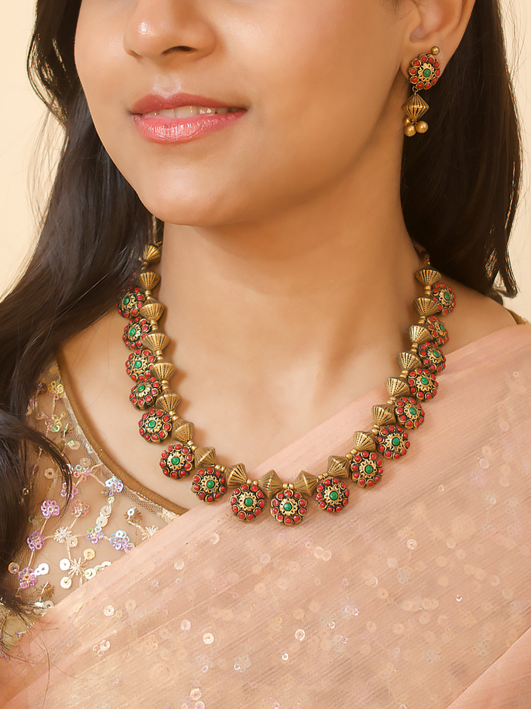 Sundarika — Antique Gold Red Green Floral Conical Design Handmade Terracotta Necklace Set