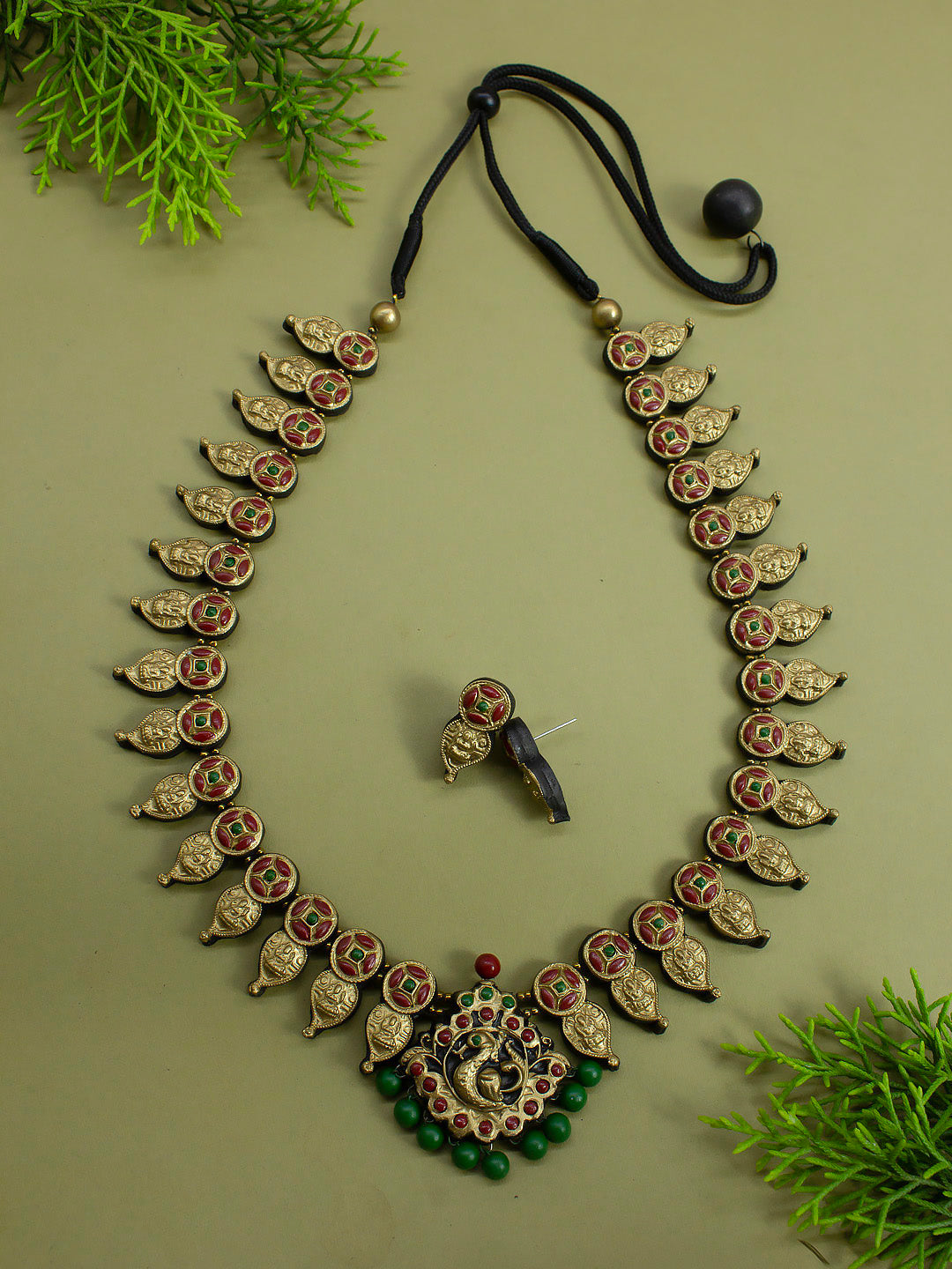 Lakshmi Coin Leaf Peacock Design Antique Gold Red Green Long Haram Handmade Terracotta Temple Necklace Set