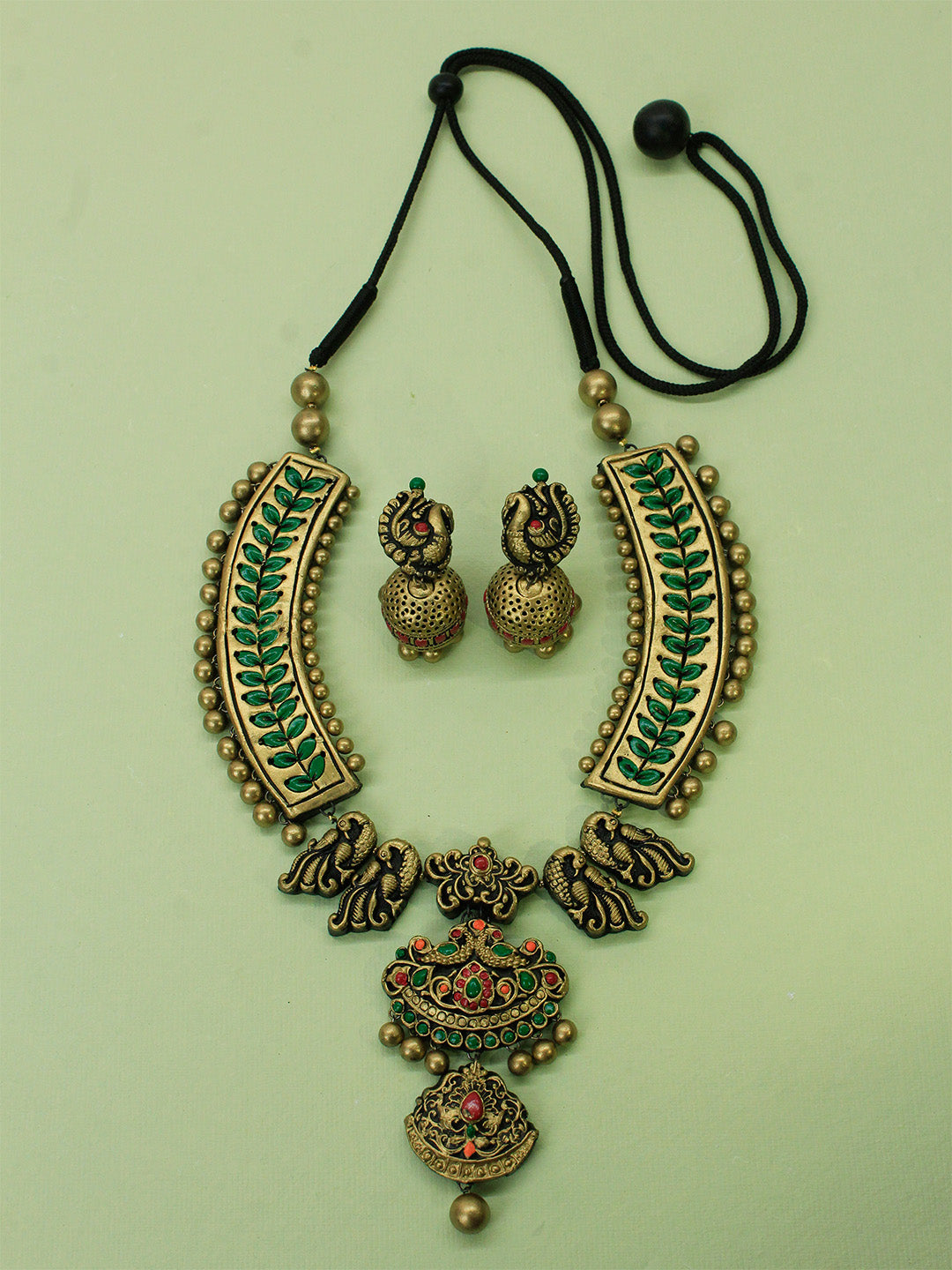 Antique Gold Green Orange Red Rajawadi Style Peacock Leaf Design Hasli Style Handmade Terracotta Necklace Set