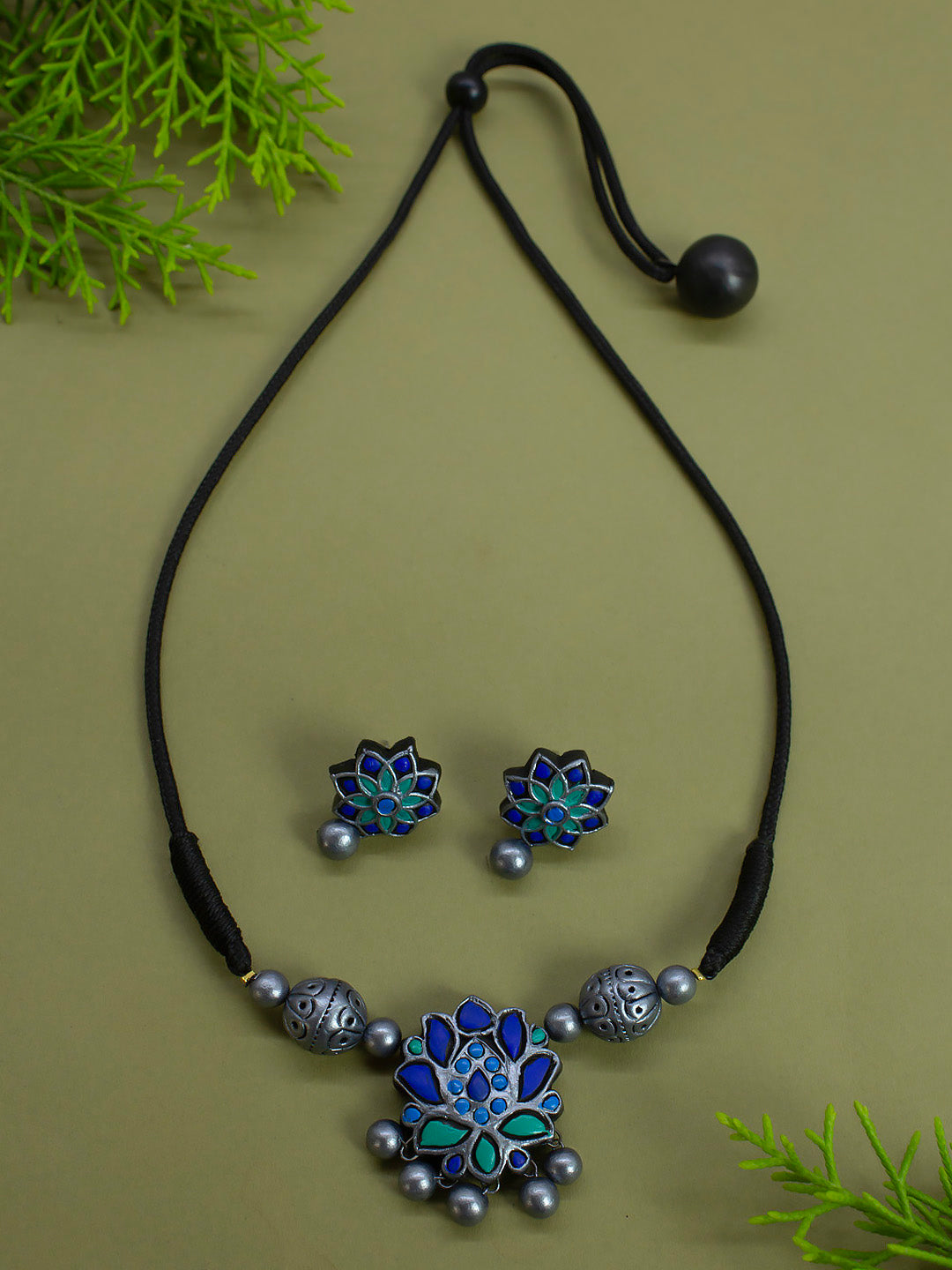Antique Silver Blue Mandala Art Design Handmade Terracotta Necklace Set