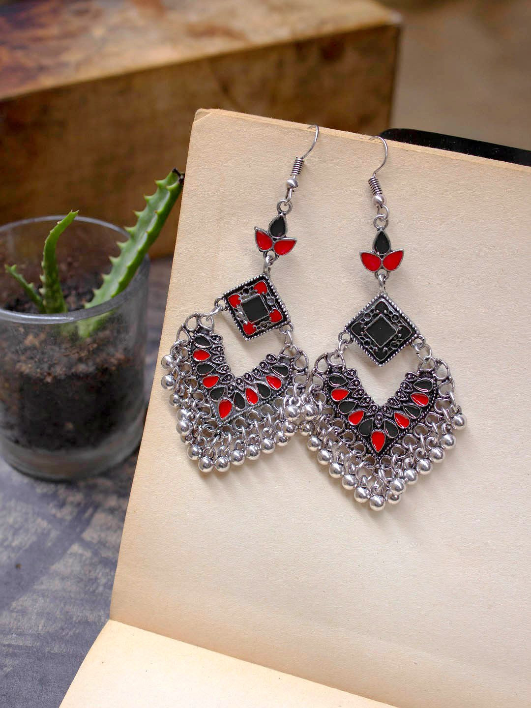 Silver Plated Rhombus Design Black And Red Color Enamel Paint With Hanging Ghungroos Dangler Earring