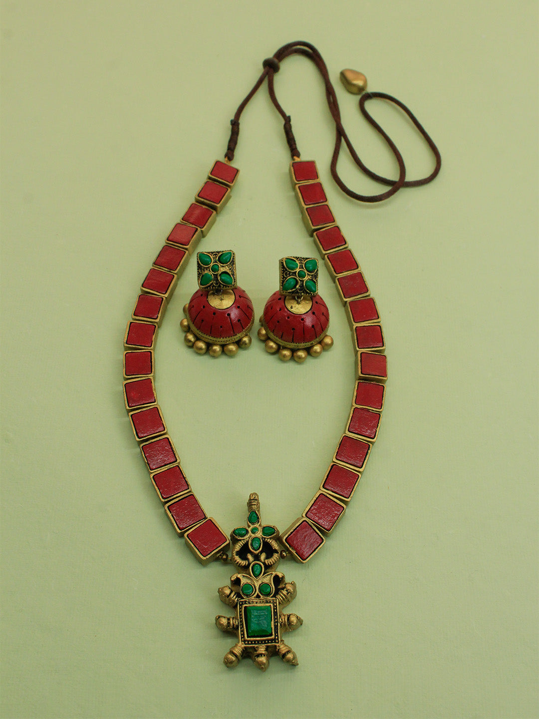 Antique Gold Dark Red Green Square Geometric Design Handmade Terracotta Necklace Set